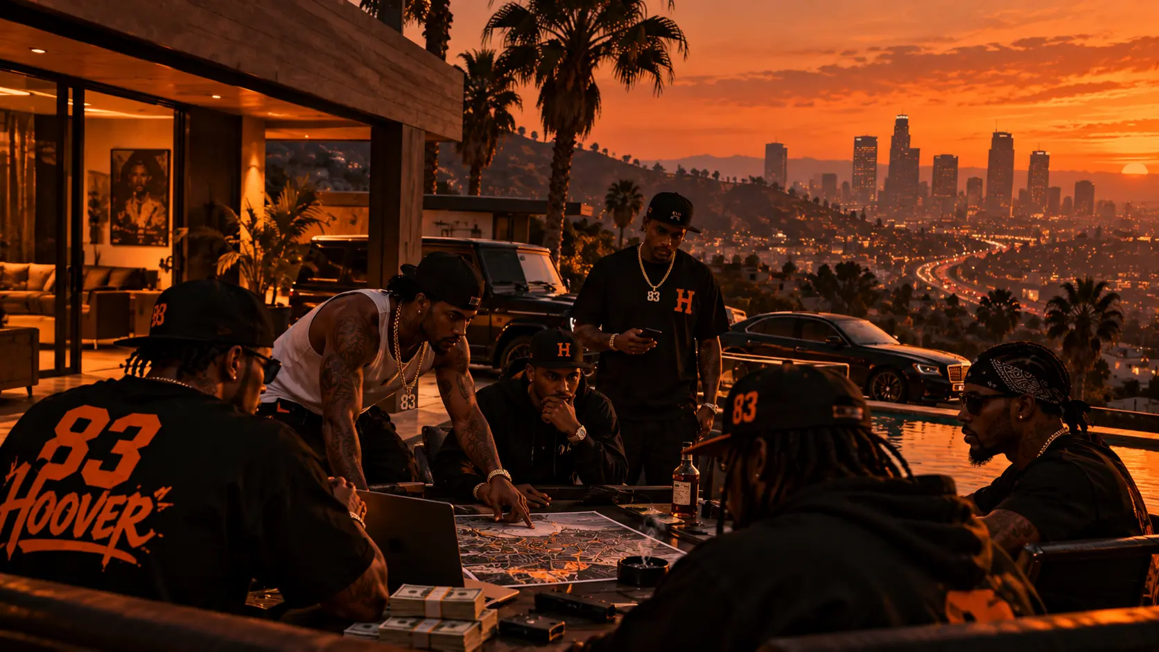 Les membres autour d'une table, penchés sur une carte de la ville, sur une terrasse qui domine Los Santos.